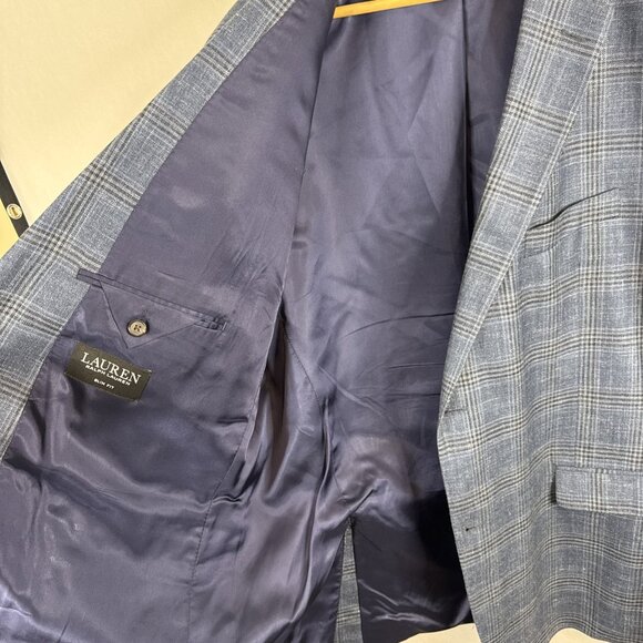 Lauren Ralph Lauren Men 50 Sport Coat Blue Plaid Slim Fit Wool Silk Linen Blazer - Picture 5 of 8